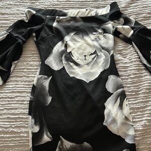 Black off shoulder dress with white and gray floral.. beautiful floaty sleeves